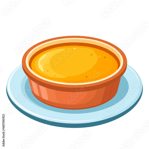 A vibrant cartoon illustration of a hot yellow cream soup in a rustic terracotta bowl.