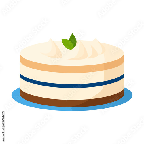 A whole layered cream cake with a blue ribbon, piped frosting, and a fresh mint garnish on top. Flat vector illustration of a delicious dessert.