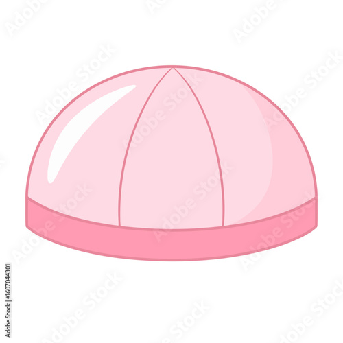 Cute pink cartoon baby beanie with a dome shape, seams, and a folded brim.