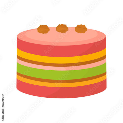 Colorful multi-layered round cake with pink frosting and brown nut decorations.