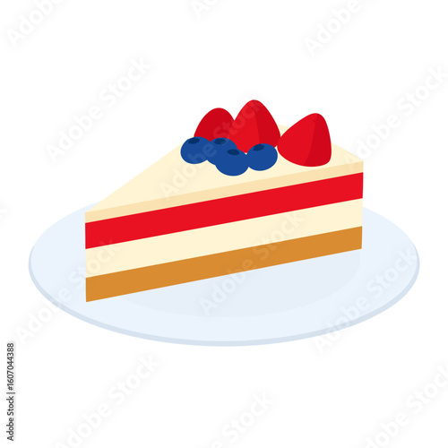 A delicious slice of layered berry cheesecake with fresh strawberries and blueberries on a plate.