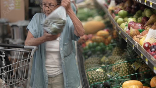 An elderly woman is selecting fresh fruits and vegetables in a grocery store. She carefully examines her choices while placing select items into her shopping bag.