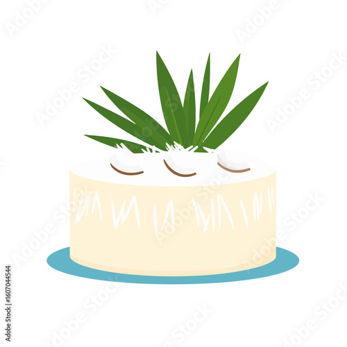 Creamy coconut cake illustration with fresh coconut slices and green pandan leaves.