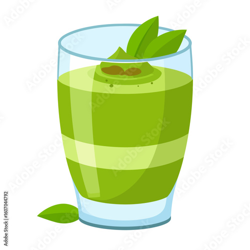 Layered green detox smoothie in a glass, garnished with fresh mint leaves and seeds.