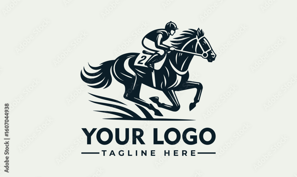 Naklejka premium A stylized logo featuring a jockey and racehorse in motion.