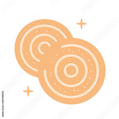 Two round peach cookies with minimalist white circular icing decorations.