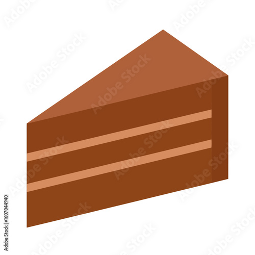 Isometric vector illustration of a triangular slice of a three-layer chocolate cake with frosting.