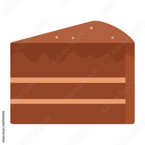 A flat illustration of a layered chocolate cake slice with creamy frosting and sprinkles.