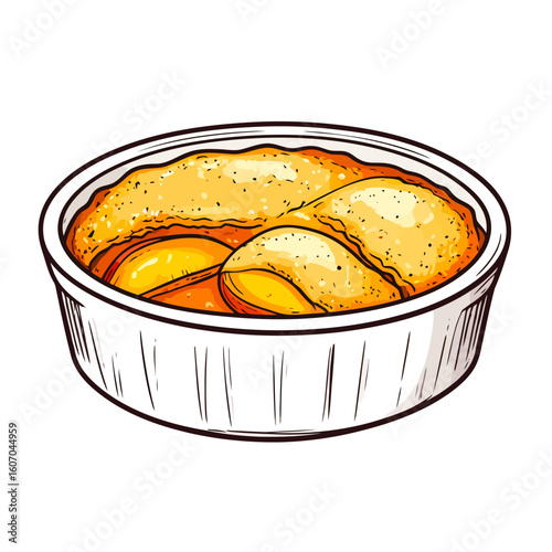 Hand-drawn illustration of a warm peach cobbler with a golden crust in a round baking dish.