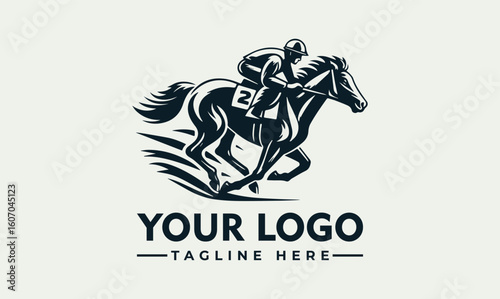 A dynamic logo featuring a jockey riding a horse at full gallop, stylized in a vintage monochrome design.