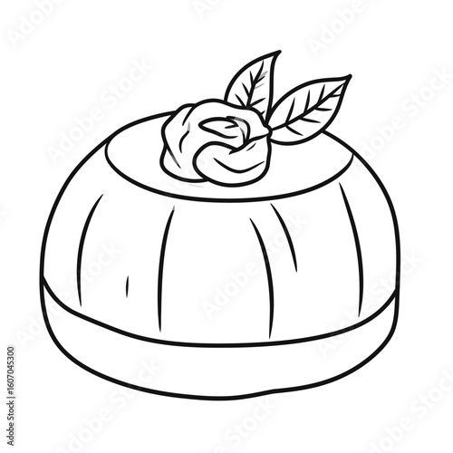 Elegant line art of a molded pudding dessert with a delicate rose and leaf garnish.