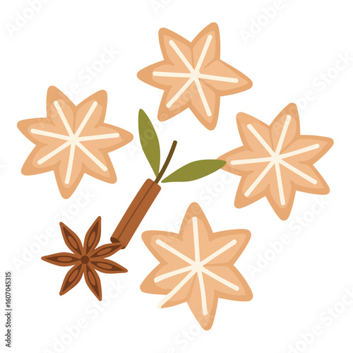 A festive arrangement of star-shaped cookies with white icing, a cinnamon stick with leaves, and a star anise spice.