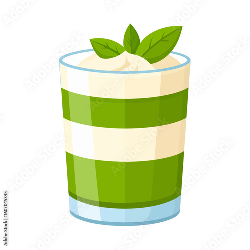 Striped green and cream layered dessert in a glass, topped with fresh mint leaves.