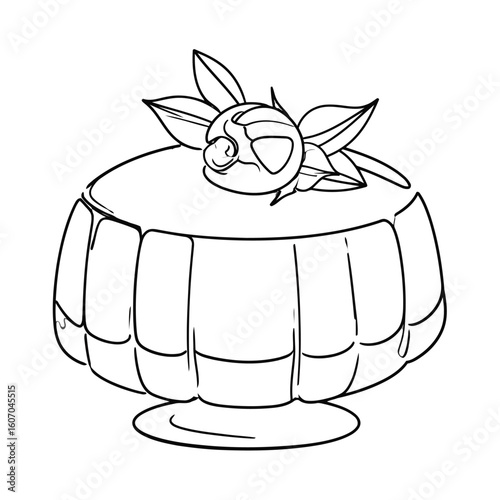 Minimalist line art of a fluted gelatin dessert with a single berry and leaf garnish.