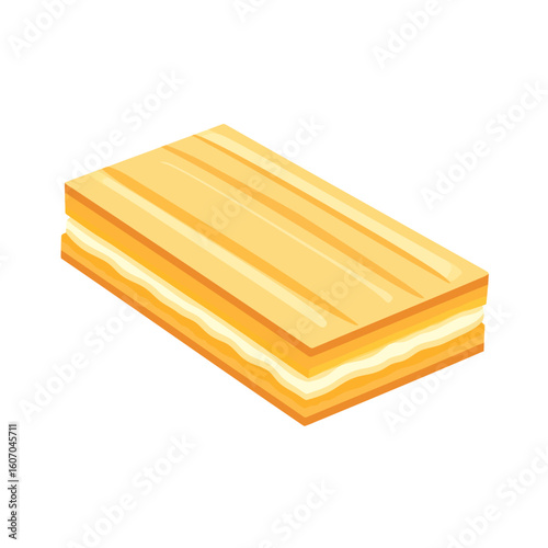 A rectangular layered wafer cake with vanilla cream filling, shown in an isometric vector style.
