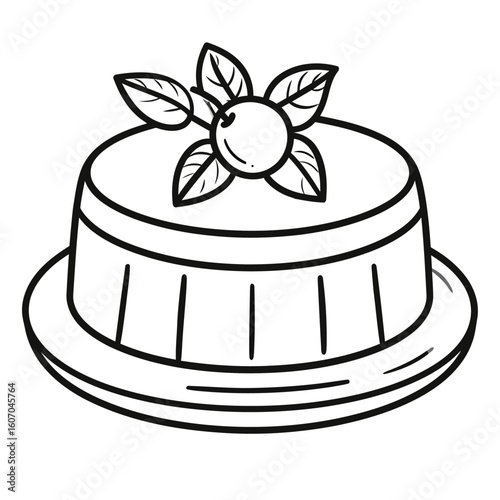 Monochrome line art of a flan pudding dessert on a plate, topped with a single berry and leaves.