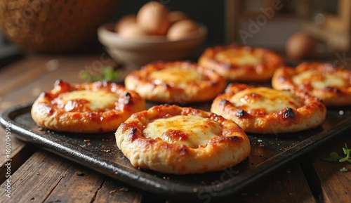 Freshly baked mini pizzas with bubbling cheese and crispy edges on a dark tray, set on a wooden table in warm light. Perfect for food blogs, menus, or culinary editorials