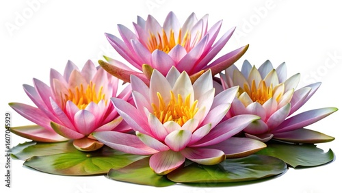 Beautiful ensemble of pink water lilies or lotus flowers with green pads