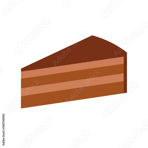 A minimalist graphic illustration of a triangular slice of layered chocolate cake.