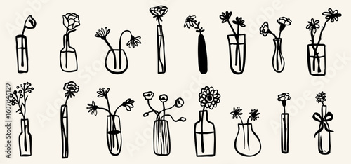 Flower retro ink vector sketch arrangement hand drawn in simple doodle style. Grunge botanical wedding, party decoration silhouette collection