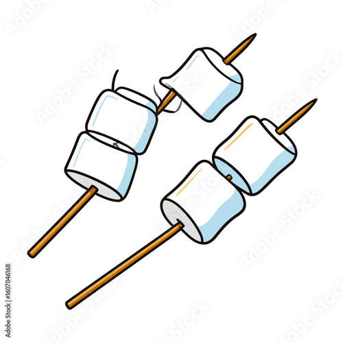 Cartoon illustration of soft white marshmallows on two wooden skewers.