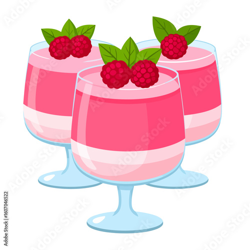 Three glasses of layered pink raspberry mousse dessert, garnished with fresh berries and mint leaves.