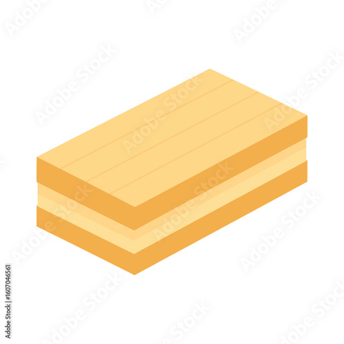 Isometric illustration of a rectangular layered wafer cookie with a cream filling.