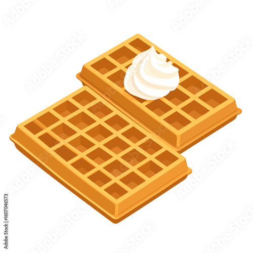 Two golden-brown rectangular waffles with a dollop of whipped cream, presented in a clean isometric style.