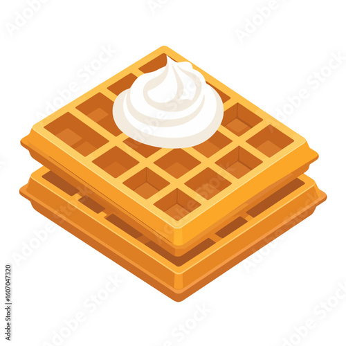 A stack of two golden-brown Belgian waffles with a dollop of whipped cream, presented in a clean isometric style.