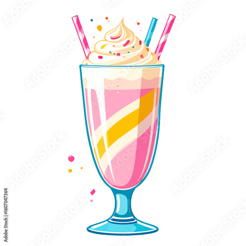 Vibrant pink milkshake in a blue glass, topped with whipped cream, colorful sprinkles, and straws.