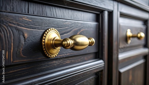 Elegant dark wood cabinet doors with shining brass knobs for luxurious interior design details