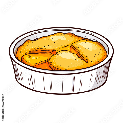 Hand-drawn illustration of a golden baked potato casserole in a round foil container.