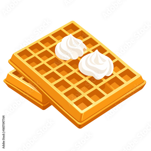 A delicious stack of two golden Belgian waffles topped with swirls of whipped cream.