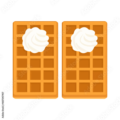 Two golden rectangular Belgian waffles topped with a dollop of whipped cream, flat vector illustration.