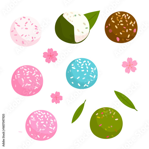 Vibrant collection of Japanese wagashi sweets, including colorful mochi and dango with sprinkles, sakura blossoms, and green leaves.