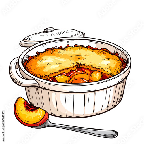 Hand-drawn peach cobbler with a golden crust in a white ceramic dish, featuring a fresh peach slice on a spoon.