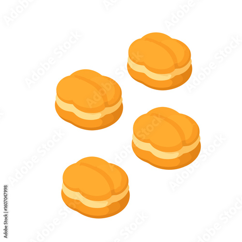 Four golden-yellow sandwich cookies with a creamy filling. Isometric vector illustration of a sweet dessert.