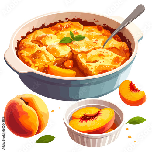 Golden-brown peach cobbler in a blue ceramic dish, garnished with mint and surrounded by fresh, juicy peaches.