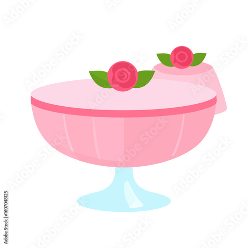 Elegant pink pudding dessert in a glass compote, garnished with small stylized roses.