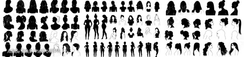 A collection of abstract portraits of women is set against a white background, showcasing modern and youthful feminine fashion in a minimalist and trendy style, presented in a flat design, as a