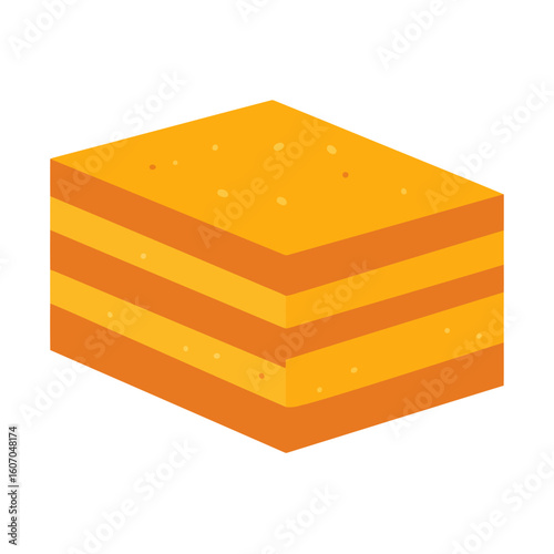 Isometric illustration of a square layered orange dessert with nutty specks.