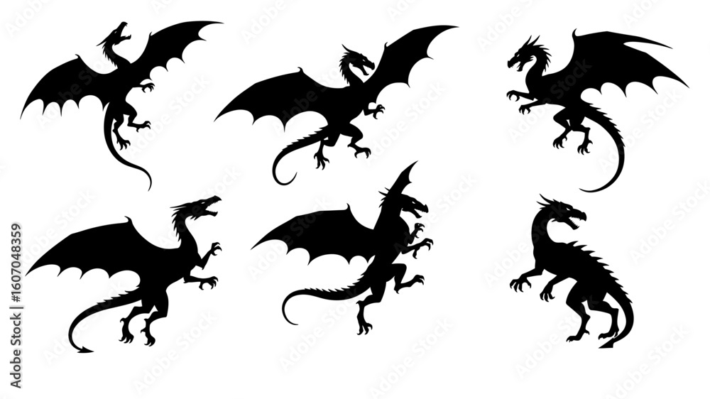 Naklejka premium Dragon silhouettes set. Black dragon collection.