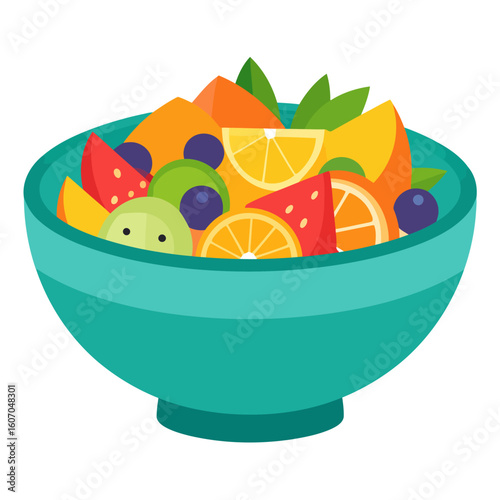 A vibrant, stylized illustration of a fresh fruit salad in a teal bowl, featuring citrus, berries, and melon slices.