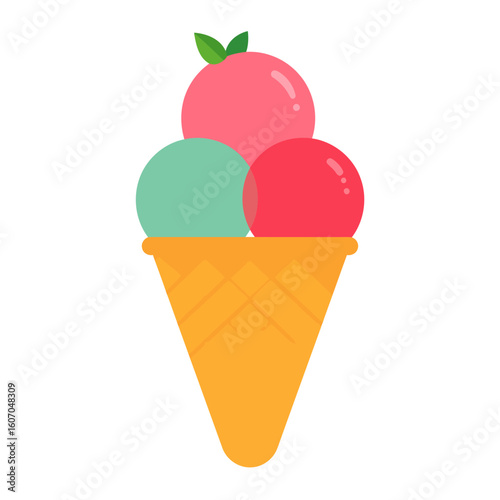 Colorful three-scoop ice cream in a waffle cone with a mint leaf garnish. Flat vector illustration.