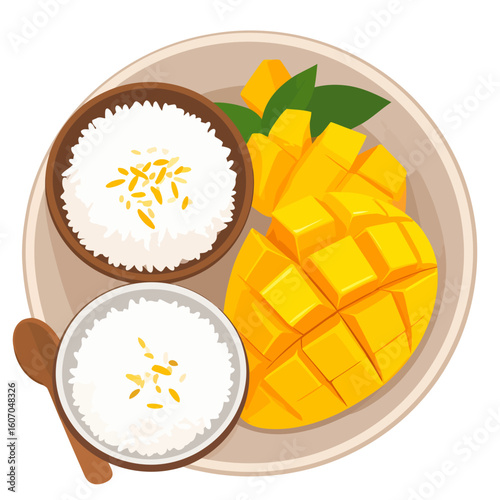 Thai Mango Sticky Rice dessert with sliced yellow mango, coconut milk, and toasted beans on a plate.