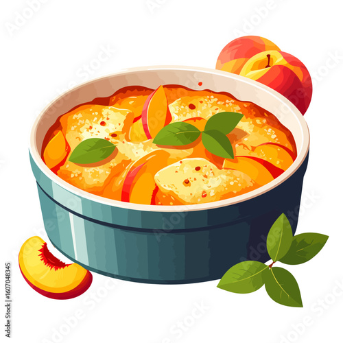 Vibrant illustration of a warm peach cobbler dessert with fresh fruit and green leaves in a blue ceramic bowl.