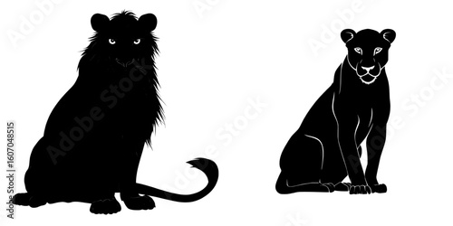 The image features a black silhouette of an adult lioness, an african wild predatory cat, sitting on the ground in a cute and cartoonish flat modern illustration set against a white background
