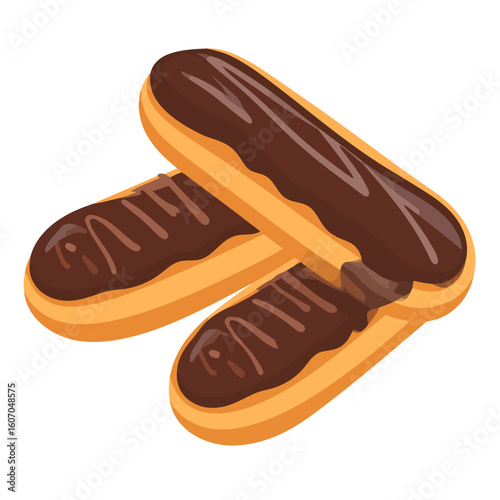 Trio of classic French eclairs with rich chocolate ganache topping. A delicious pastry illustration.