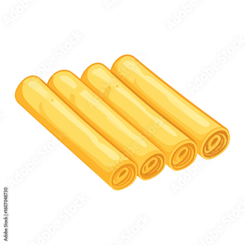 Four golden yellow rolled crepes or blintzes arranged neatly in a diagonal row, cartoon style illustration.