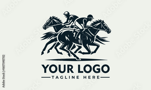 A logo depicting two jockeys racing on horseback at high speed, with text.